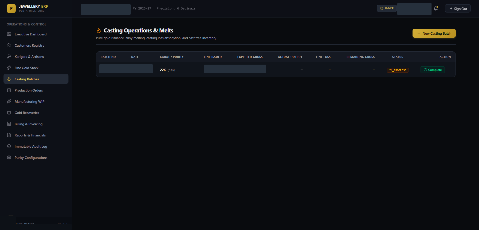 Casting operations — A casting register connects issued fine gold, purity, expected output and batch status. Built by PentaForge; private values concealed.