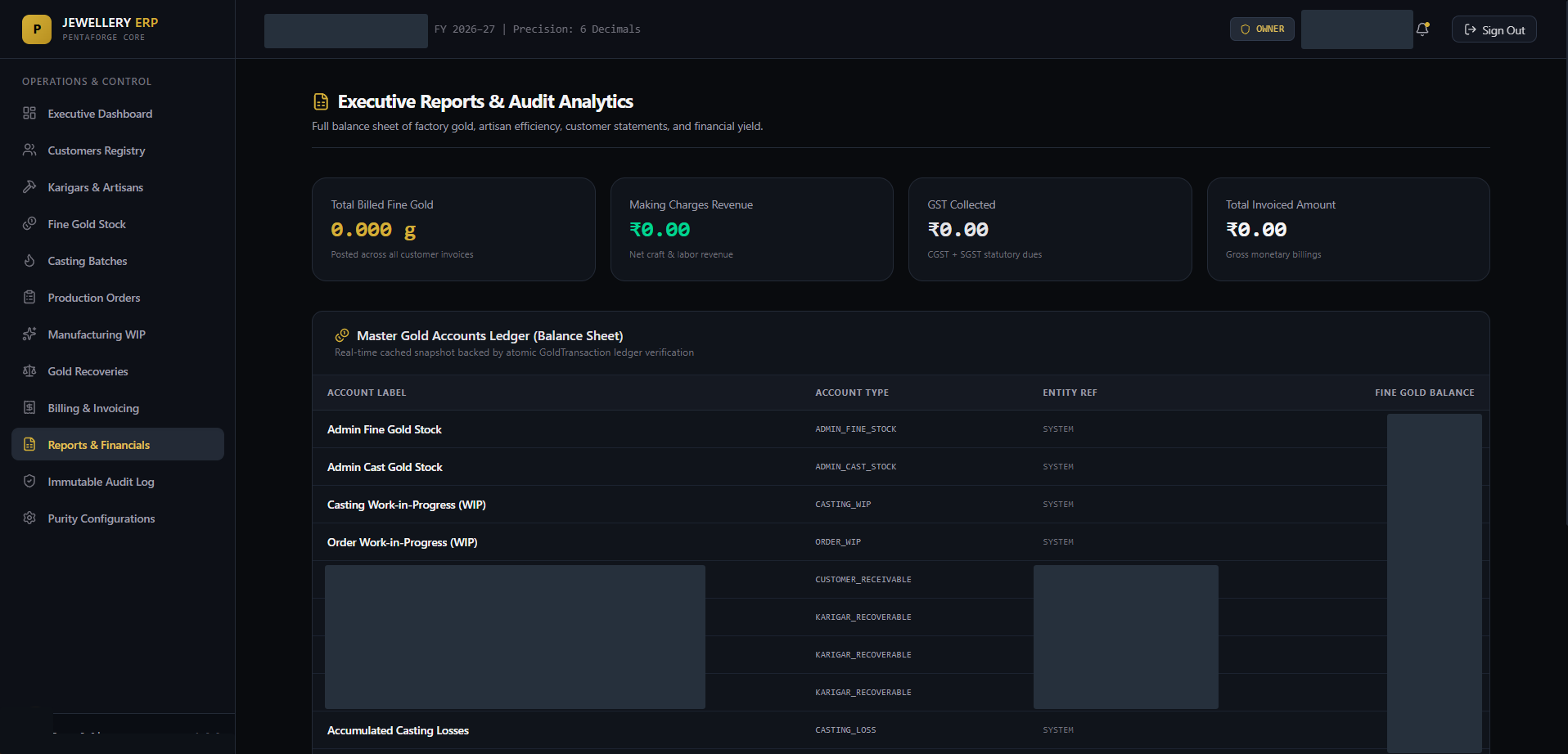Manufacturing reports — Account categories bring stock, work in progress and recoverable balances into a shared ledger view. Built by PentaForge; private values concealed.