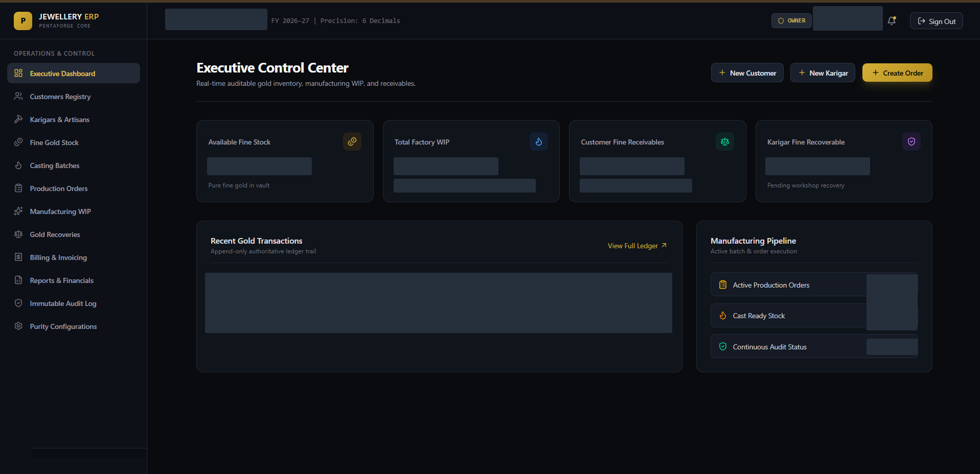 Manufacturing control centre — Fine gold stock, work in progress, customer receivables and karigar recovery in one view. Built by PentaForge; private values concealed.